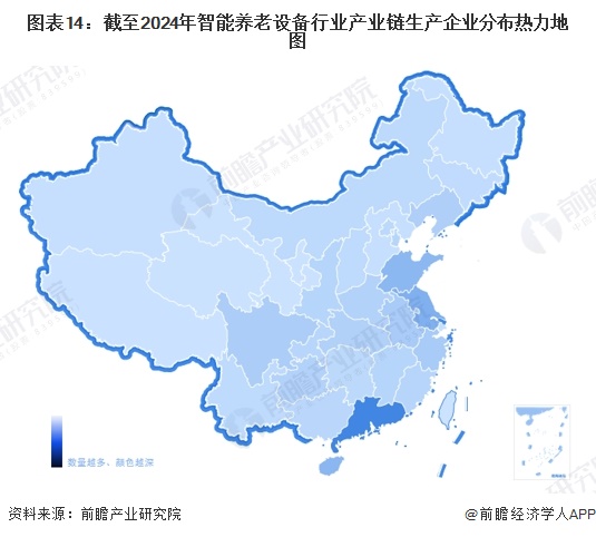 图表14：截至2024年智能养老设备行业产业链生产企业分布热力地图