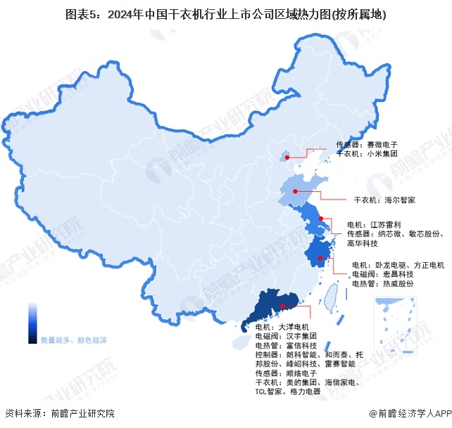 图表5：2024年中国干衣机行业上市公司区域热力图(按所属地)