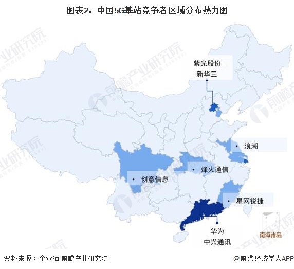 图表2：中国5G基站竞争者区域分布热力图