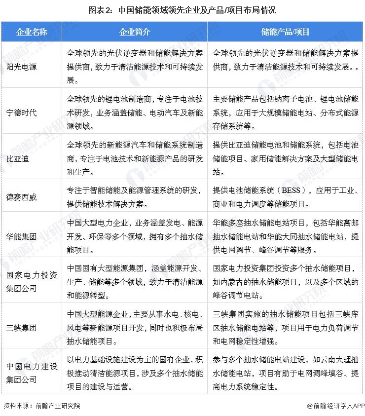 图表2：中国储能领域领先企业及产品/项目布局情况