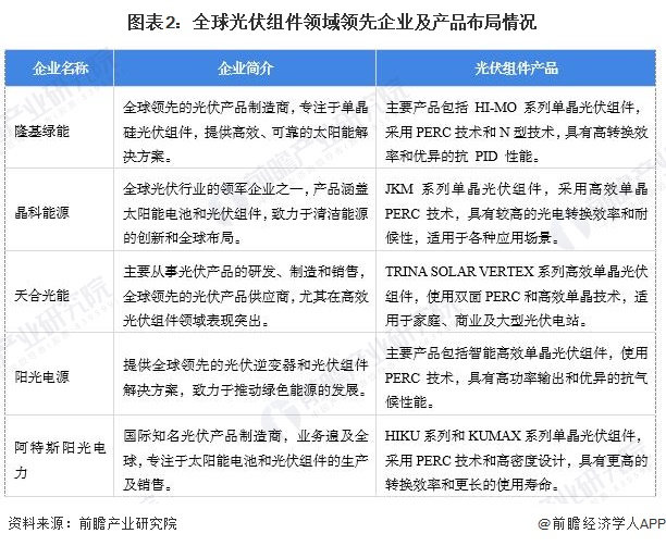 图表2：全球光伏组件领域领先企业及产品布局情况