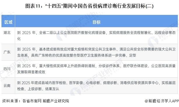 图表11：“十四五”期间中国各省份病理诊断行业发展目标(二)