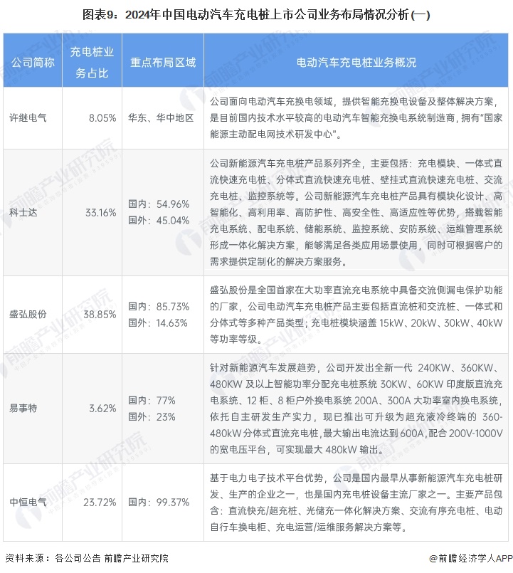 图表9：2024年中国电动汽车充电桩上市公司业务布局情况分析(一)