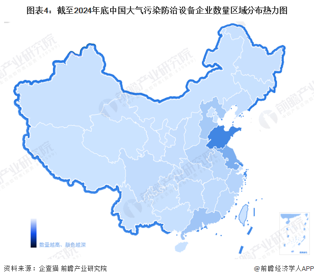 图表4：截至2024年底中国大气污染防治设备企业数量区域分布热力图