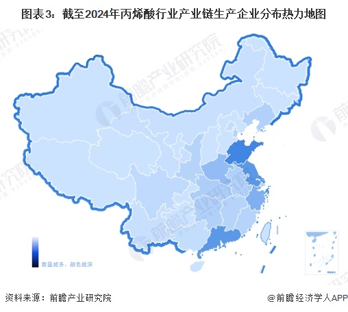 图表3：截至2024年丙烯酸行业产业链生产企业分布热力地图