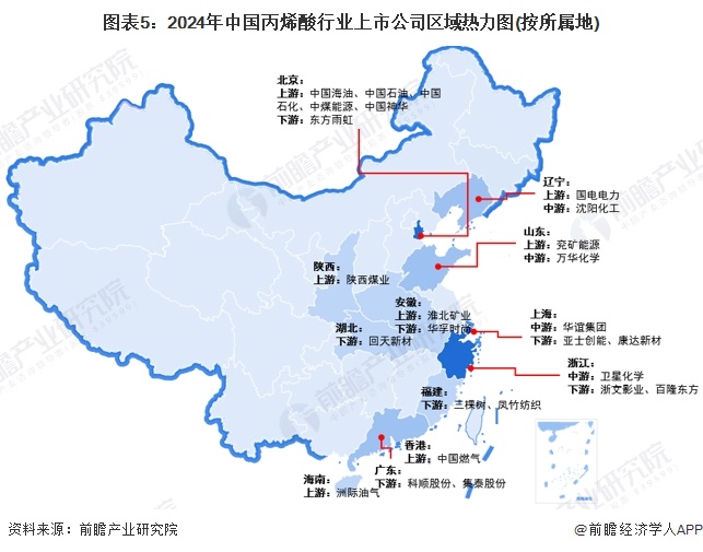 图表5：2024年中国丙烯酸行业上市公司区域热力图(按所属地)