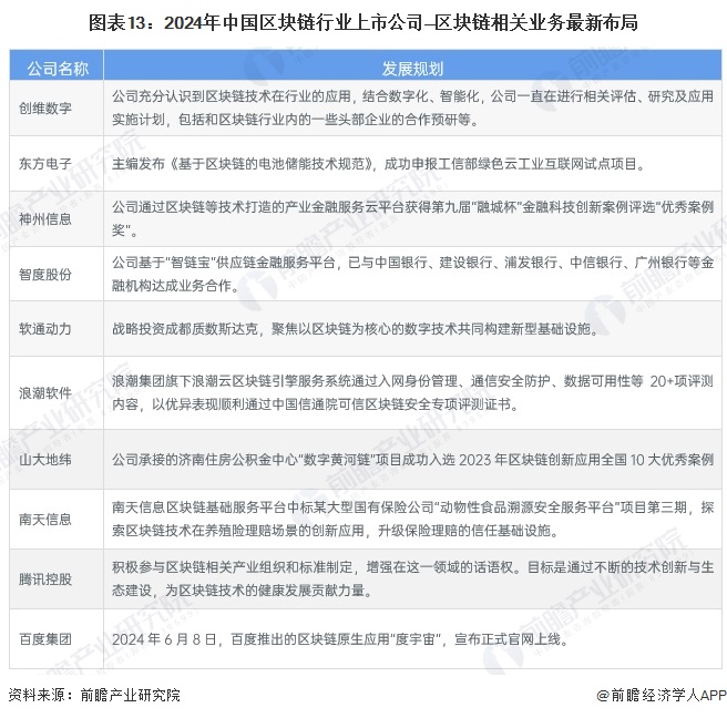 图表13：2024年中国区块链行业上市公司—区块链相关业务最新布局