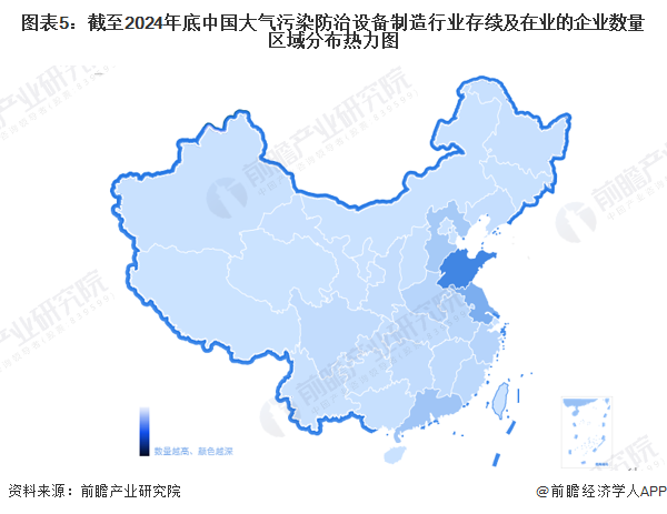 图表5：截至2024年底中国大气污染防治设备制造行业存续及在业的企业数量区域分布热力图