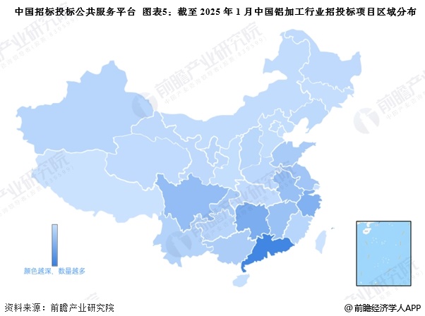 中國(guó)招標(biāo)投標(biāo)公共服務(wù)平臺(tái) 圖表5：截至2025年1月中國(guó)鋁加工行業(yè)招投標(biāo)項(xiàng)目區(qū)域分布