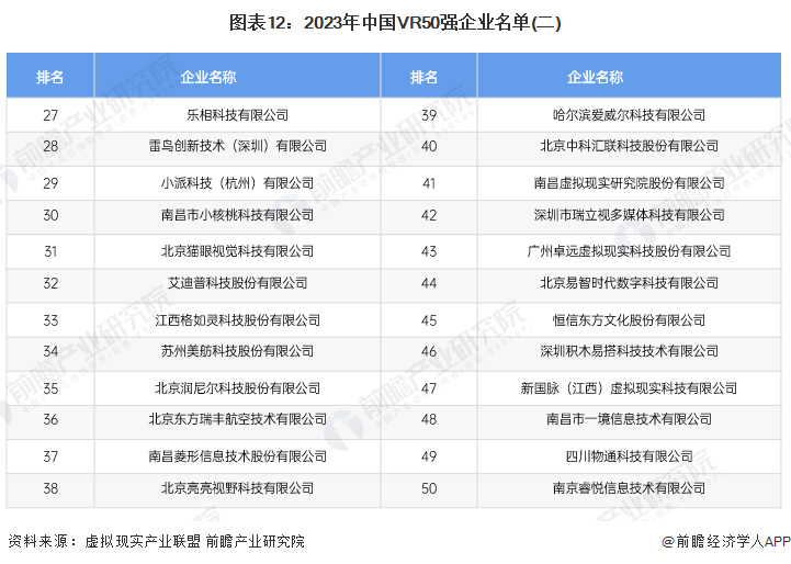 图表12：2023年中国VR50强企业名单(二)