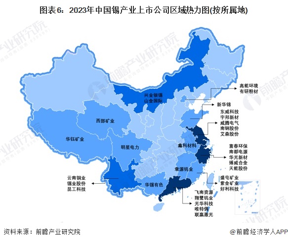 图表6：2023年中国锡产业上市公司区域热力图(按所属地)