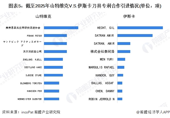 图表5：截至2025年山特维克V.S.伊斯卡刀具专利合作引进情况(单位：项)