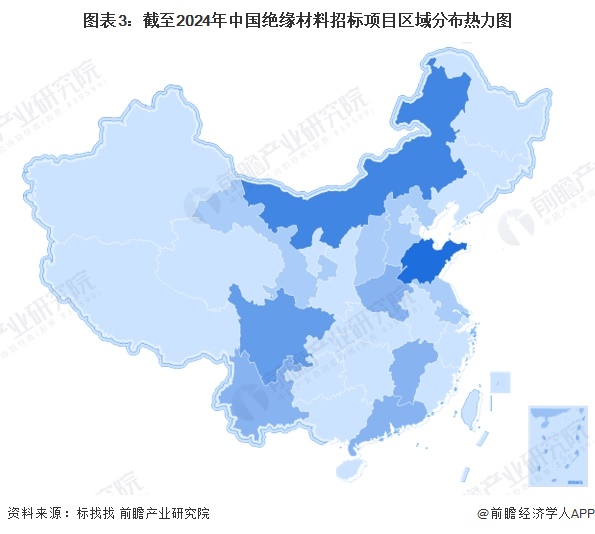 圖表3：截至2024年中國(guó)絕緣材料招標(biāo)項(xiàng)目區(qū)域分布熱力圖