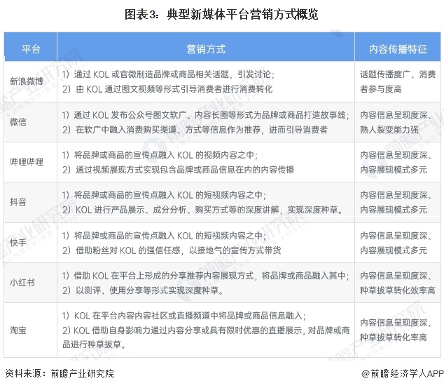 图表3：典型新媒体平台营销方式概览