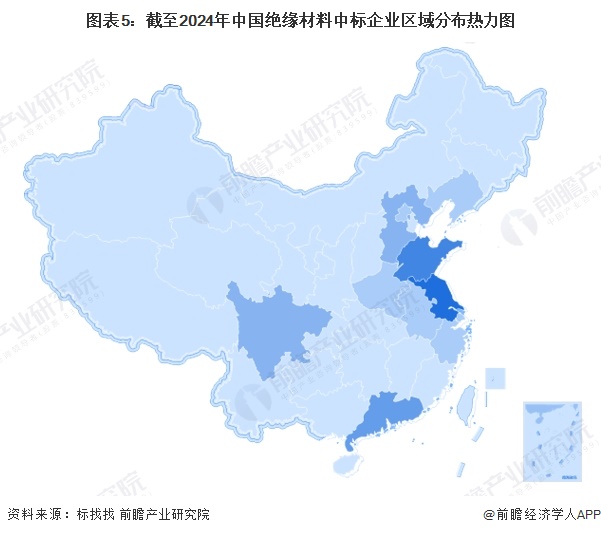 圖表5：截至2024年中國(guó)絕緣材料中標(biāo)企業(yè)區(qū)域分布熱力圖