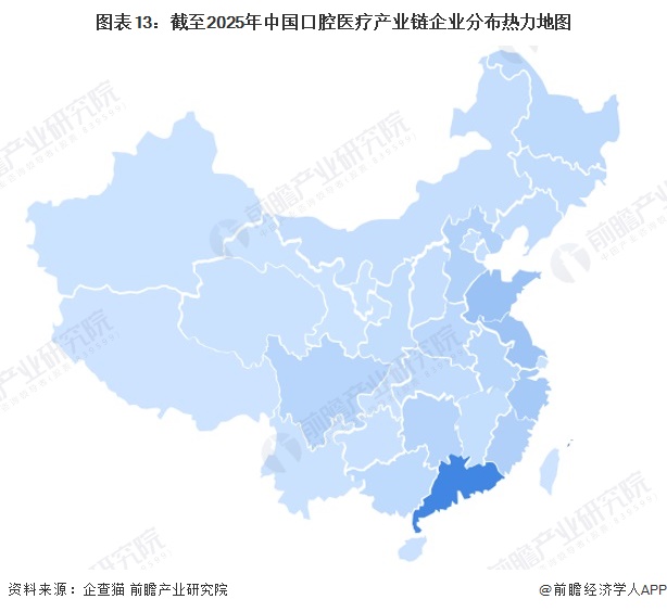 图表13：截至2025年中国口腔医疗产业链企业分布热力地图