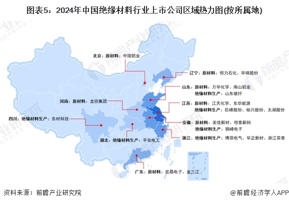 图表5：2024年中国绝缘材料行业上市公司区域热力图(按所属地)