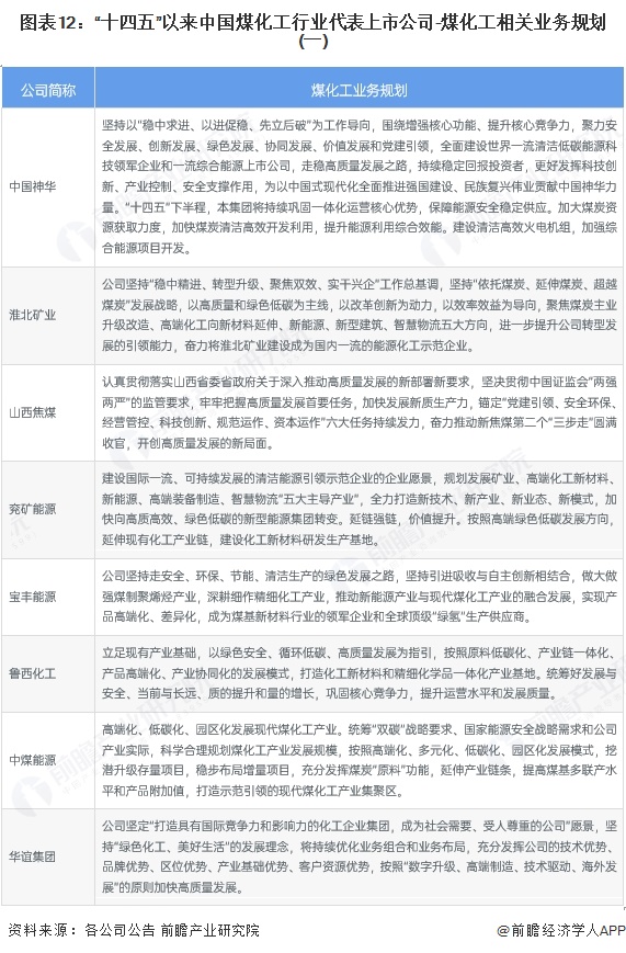 图表12：“十四五”以来中国煤化工行业代表上市公司-煤化工相关业务规划(一)