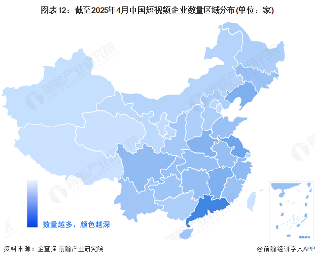 圖表12：截至2025年4月中國短視頻企業數量區域分布(單位：家)