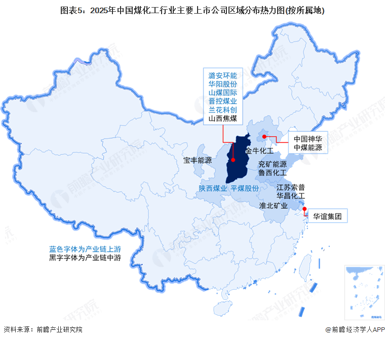 图表5：2025年中国煤化工行业主要上市公司区域分布热力图(按所属地)