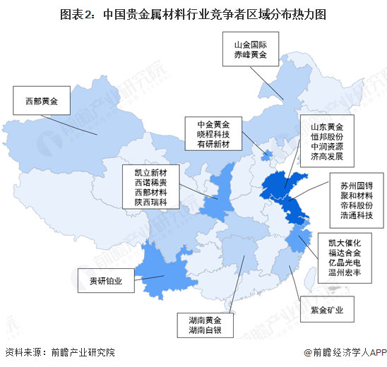 圖表2：中國貴金屬材料行業(yè)競爭者區(qū)域分布熱力圖
