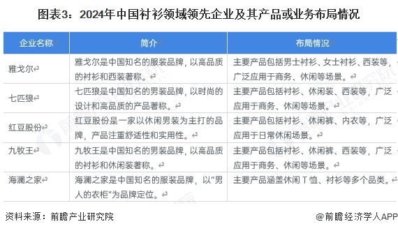 图表3：2024年中国衬衫领域领先企业及其产品或业务布局情况
