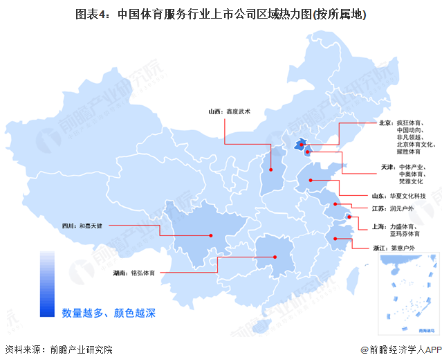 图表4：中国体育服务行业上市公司区域热力图(按所属地)