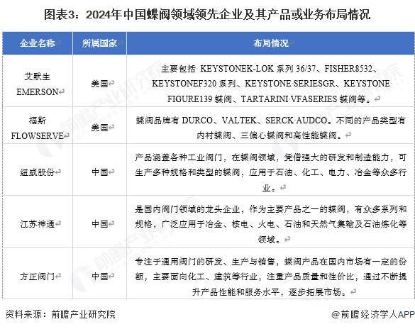 图表3：2024年中国蝶阀领域领先企业及其产品或业务布局情况
