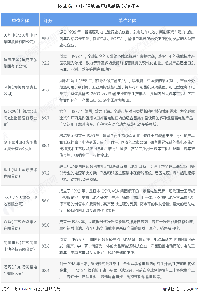 图表6：中国铅酸蓄电池品牌竞争排名