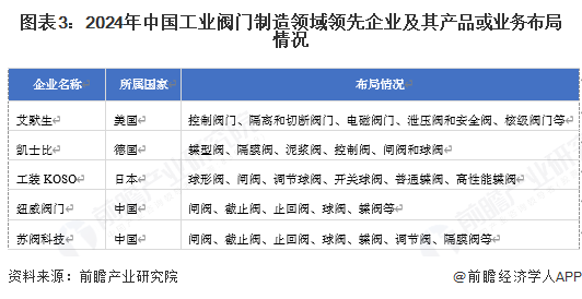 图表3：2024年中国工业阀门制造领域领先企业及其产品或业务布局情况