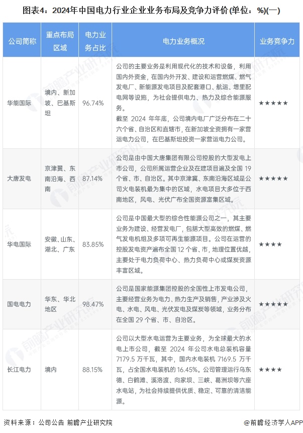 图表4：2024年中国电力行业企业业务布局及竞争力评价(单位：%)(一)