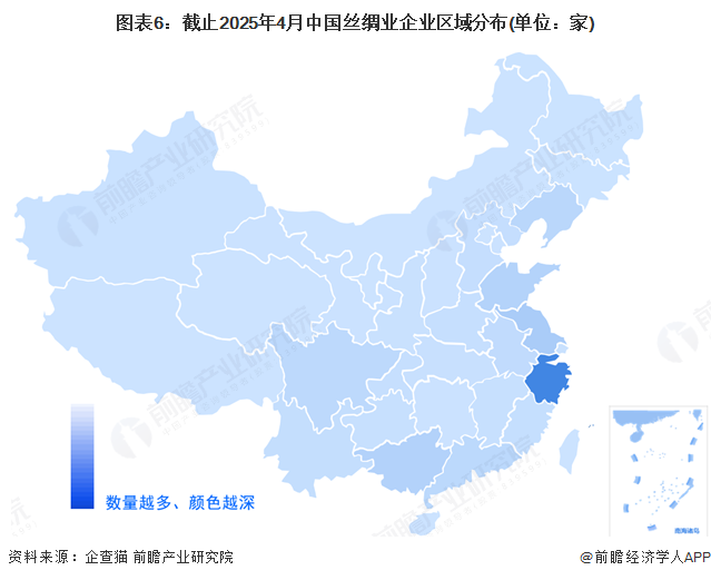 图表6：截止2025年4月中国丝绸业企业区域分布(单位：家)