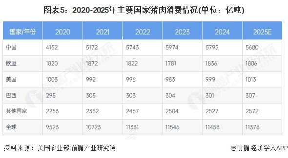 圖表5：2020-2025年主要國家豬肉消費情況(單位：億噸)