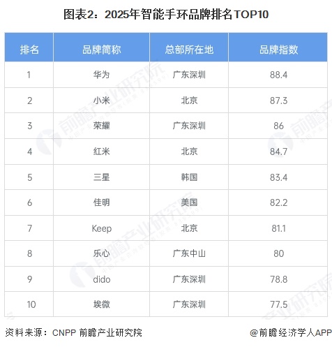 图表2：2025年智能手环品牌排名TOP10