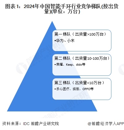 图表1：2024年中国智能手环行业竞争梯队(按出货量)(单位：万台)