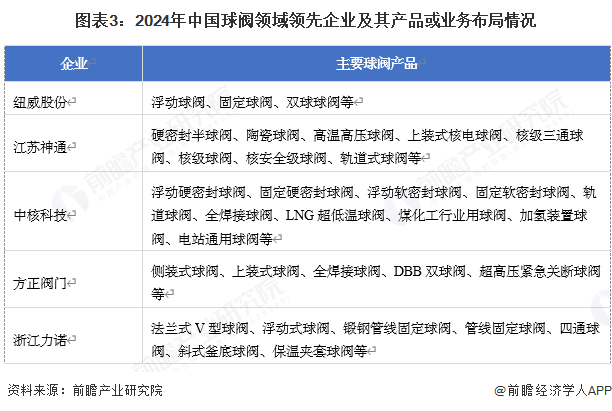 图表3：2024年中国球阀领域领先企业及其产品或业务布局情况
