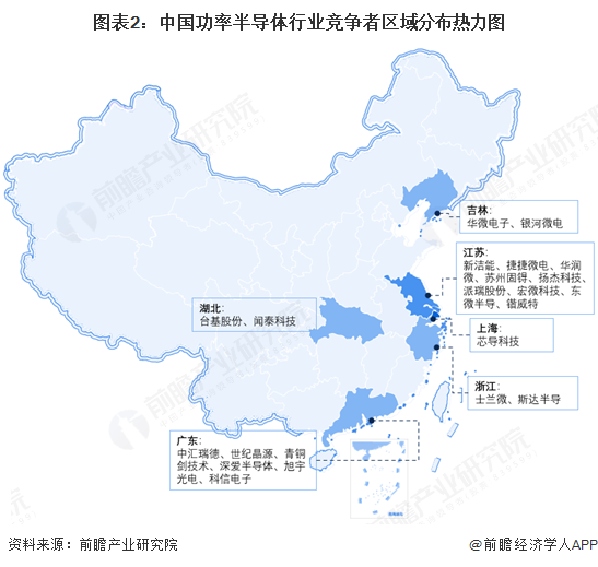圖表2：中國(guó)功率半導(dǎo)體行業(yè)競(jìng)爭(zhēng)者區(qū)域分布熱力圖