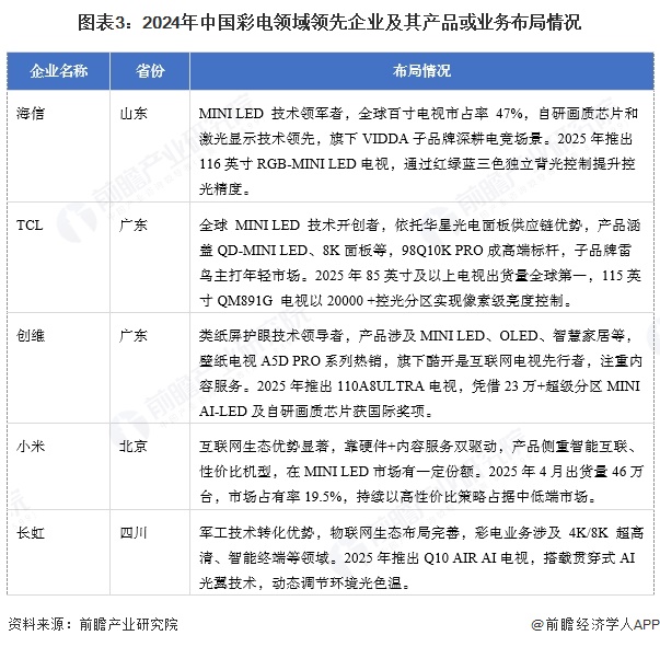 图表3：2024年中国彩电领域领先企业及其产品或业务布局情况
