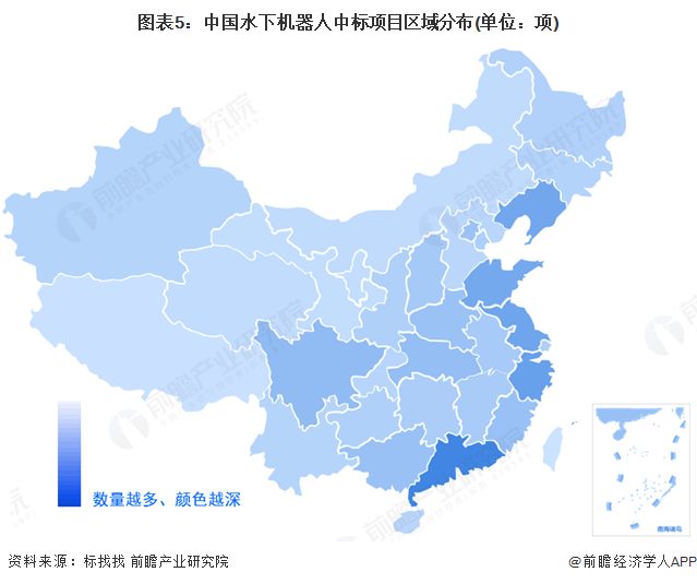 圖表5：中國(guó)水下機(jī)器人中標(biāo)項(xiàng)目區(qū)域分布(單位：項(xiàng))