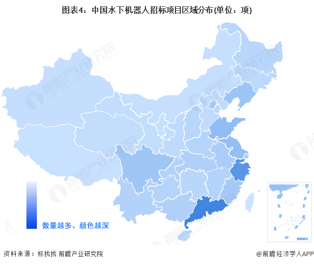 圖表4：中國(guó)水下機(jī)器人招標(biāo)項(xiàng)目區(qū)域分布(單位：項(xiàng))
