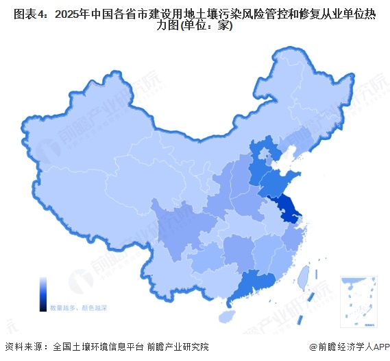 图表4：2025年中国各省市建设用地土壤污染风险管控和修复从业单位热力图(单位：家)