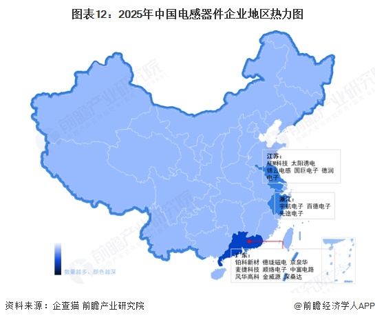图表12：2025年中国电感器件企业地区热力图