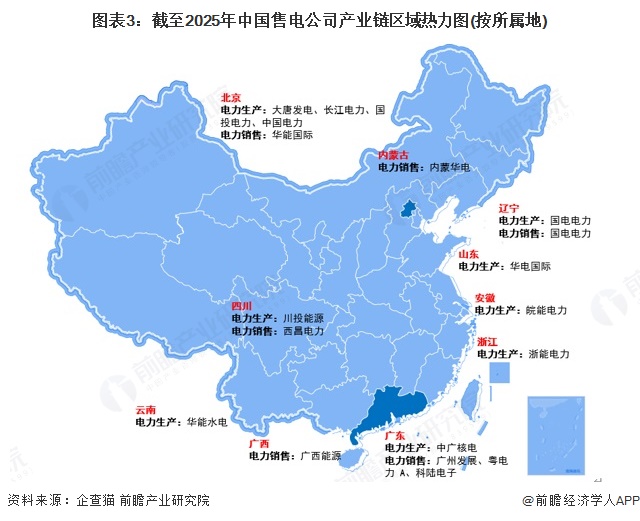 图表3：截至2025年中国售电公司产业链区域热力图(按所属地)