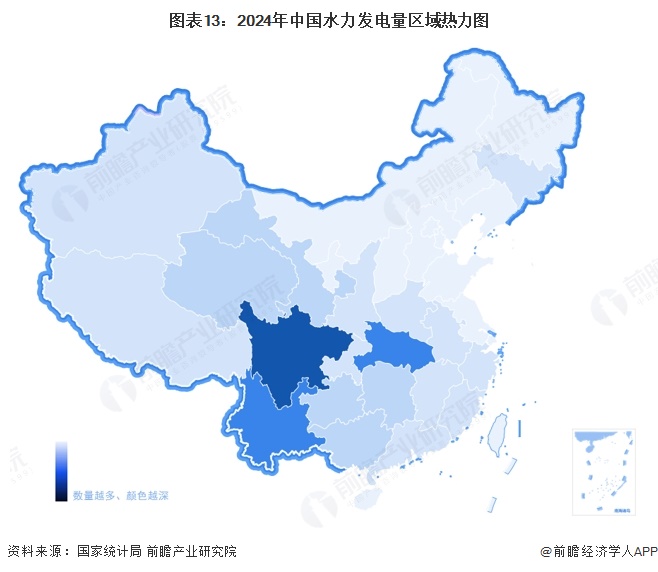 图表13：2024年中国水力发电量区域热力图