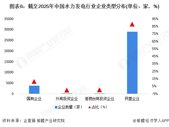 图表6：截至2025年中国水力发电行业企业类型分布(单位：家，%)