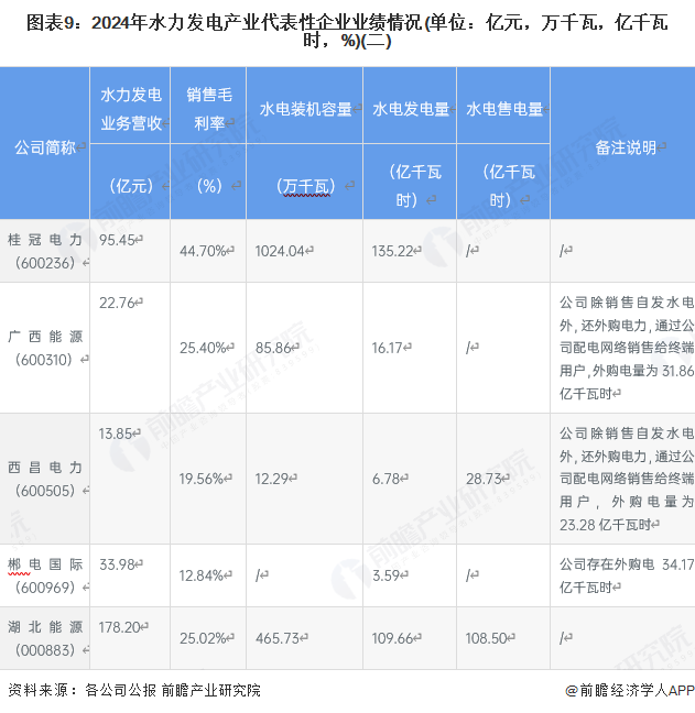 图表9：2024年水力发电产业代表性企业业绩情况(单位：亿元，万千瓦，亿千瓦时，%)(二)