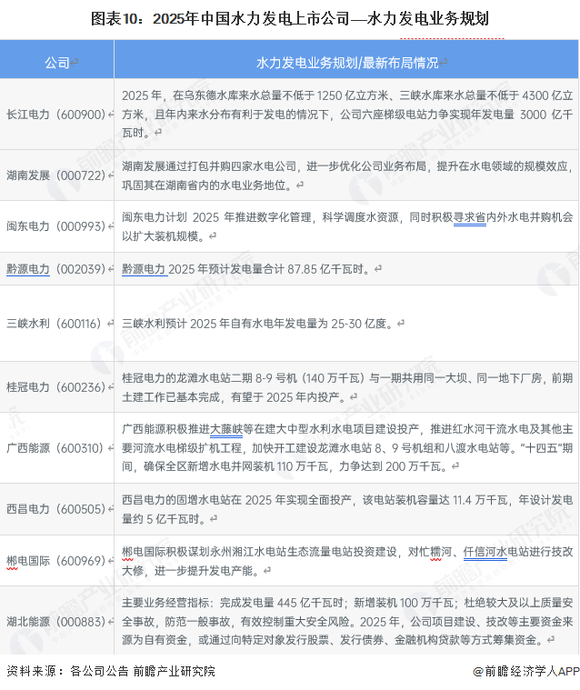 图表10：2025年中国水力发电上市公司——水力发电业务规划