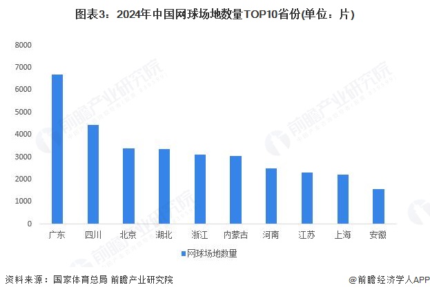 图表3：2024年中国网球场地数量TOP10省份(单位：片)