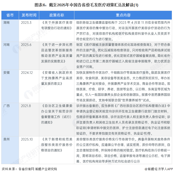 图表6：截至2025年中国各省份毛发医疗政策汇总及解读(1)