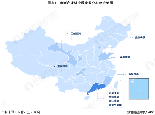图表4:啤酒产业链中游企业分布热力地图